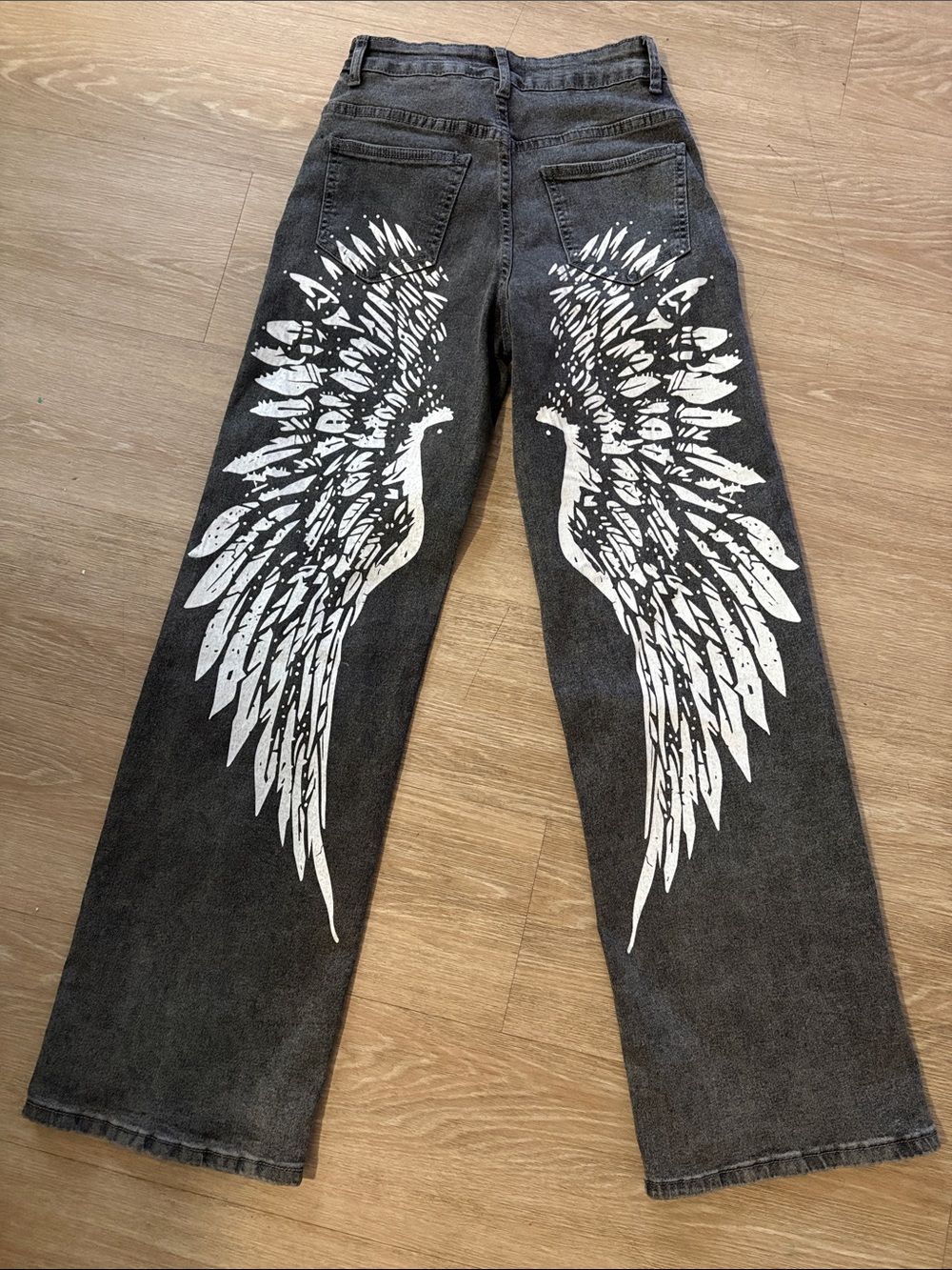BAMBOO Black Washed Bootcut Jeans with White Wing Print